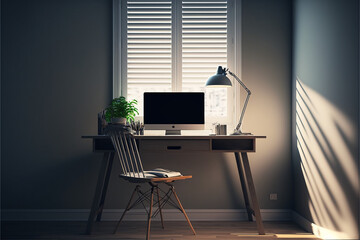 Minimalistic office cabin with computer and chair. AI produced