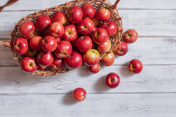 Rozsypane czerwone jabłka na starym drewnianym stole. Piękne, pyszne czerwony jabłka z sadu - obrazy, fototapety, plakaty