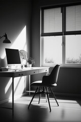Minimalistic office cabin with computer and chair. AI produced