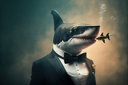 Great White Shark Wearing Tuxedo Smoking A Fish As A Cigar Illustration Generative Ai