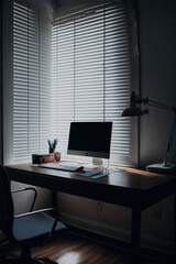 Minimalistic office cabin with computer and chair. AI produced