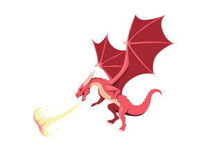 Red dragon breathes fire. Mythical winged beast with ferocious attack temper from fantasy vector stories