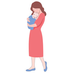 Woman with baby in her arms. Young girl mother carefully holds baby as symbol of happy motherhood and vector childhood