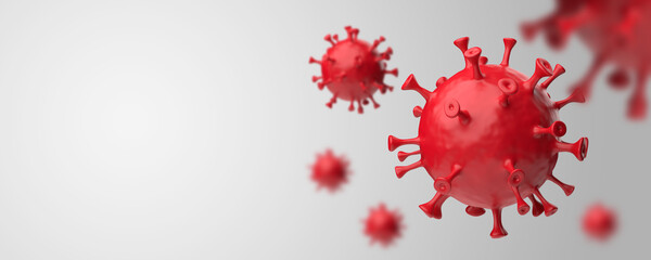 Coronavirus 3D rendering copy space. Realistic Covid red on a gray background. Horizontal banner, poster, website header.
