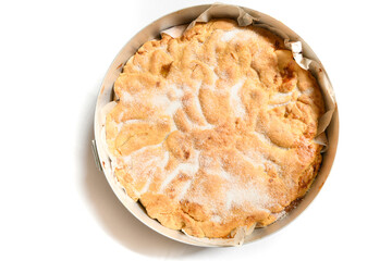 Apple pie in a steel pan. Italian product of high pastry
