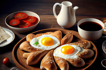Turkish breakfast in bed with fried eggs food