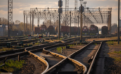 Fototapeta na wymiar Railway Network In Lithuania. Radviliskis is well known railway capital in Lithuania. Beautiful evening sunset light and cars in background.