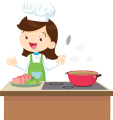 Cooking children girl Little kid making delicious food professional chef