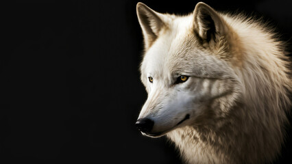 portrait of a white wolf isolated on black background, generative ai