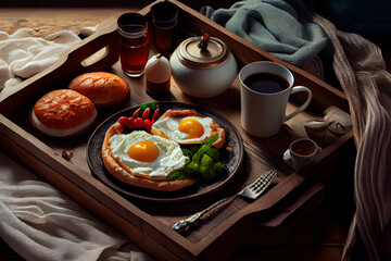 Fototapeta na wymiar Turkish breakfast in bed with fried eggs food