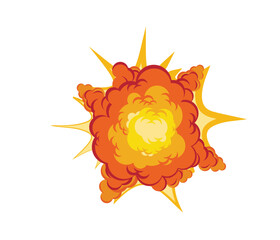 Powerful fire explosion. Dangerous explosive with red flame energy released and warning about flammable vector substances