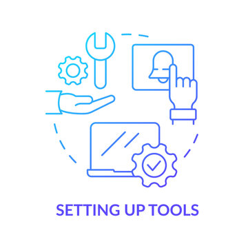Setting up tools blue gradient concept icon. Workplace equipment. New hire customer service training step abstract idea thin line illustration. Isolated outline drawing. Myriad Pro-Bold fonts used