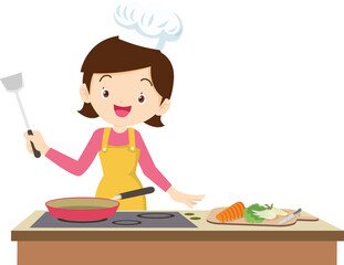 woman chef cartoon present cooking in the kitchen