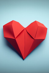 Heart. Love background. Red paper origami heart on blue background. Valentine card