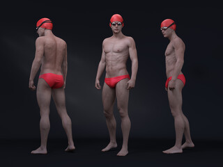 Obraz premium 3D render : Portrait of male swimmer model with good physical shape wearing stylish swimsuit, swim cap and goggles, swimwear fashion design concept