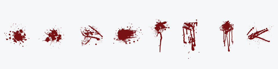 Red streaks and blots set. Terrible traces of crime and murder with bloody abstract imprints of malicious and dangerous vector events