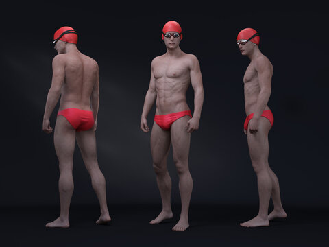 3D render : Portrait of male swimmer model with good physical shape wearing stylish swimsuit, swim cap and goggles, swimwear fashion design concept