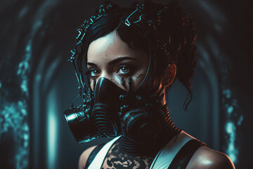 courageous cyberpunk girl with gasmask,fictional person made with generative ai