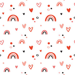 Vector seamless pattern Valentine's day in boho style. Bohemian romantic pattern happy Valentine day. Boho rainbow, heart for packaging paper, fabric, background for different images