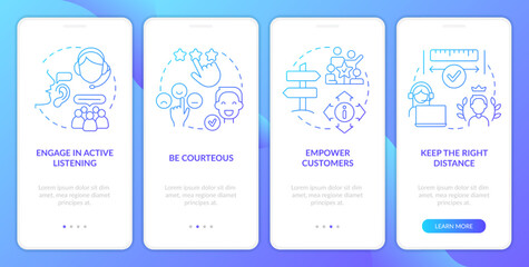 Call center customer service work blue gradient onboarding mobile app screen. Walkthrough 4 steps graphic instructions with linear concepts. UI, UX, GUI template. Myriad Pro-Bold, Regular fonts used