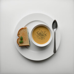 Breakfast of bread and soup on a white table. AI produced