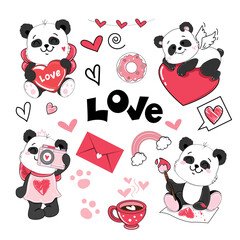 Draw cute panda set in kawaii style. Valentine's Day card. Vector illustration cartoon doodle style