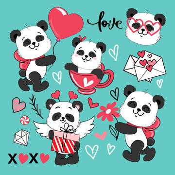 Draw cute baby panda, hearts and gift box in kawaii doodle style. Valentine's Day card. Vector cartoon illustration stickers collection