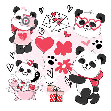 Draw cute panda set in kawaii style. Valentine's Day card. Vector illustration cartoon doodle style for children
