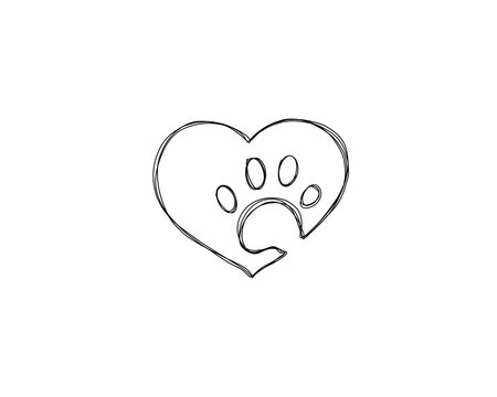 Dog footprints line art print. Dog's paw in the heart - love for a pet . Paw doodle illustration 