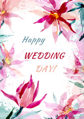 A postcard with a wedding day. Poster with pink flowers for the bride and groom. Congratulations on the wedding day