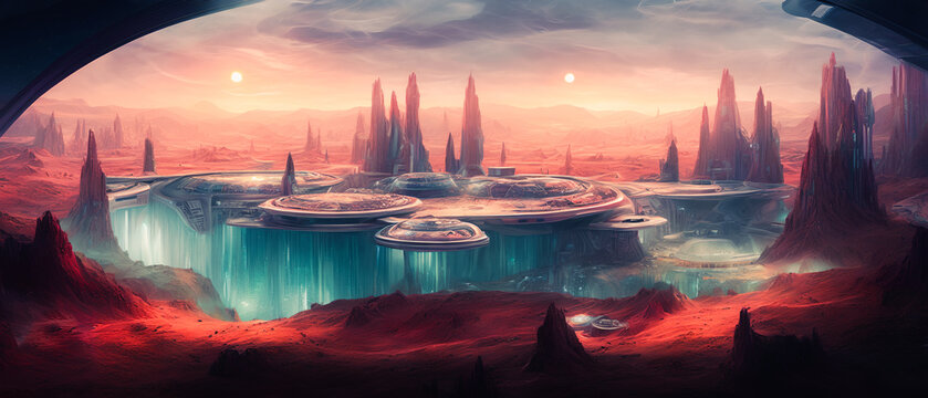 space colony on the planet Mars, showcasing the artist's futuristic vision and attention to detail. Generative AI