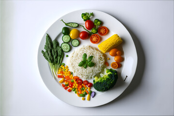Vegetable salad on a white table. Produced by AI