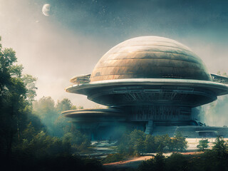 Obraz premium Space colony on an unknown planet, inviting the viewer to imagine the possibilities and mysteries of the universe. Generative AI