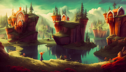 Obraz premium This fantasy-style painting depicts a village suspended on cliffs, with otherworldly landscapes and creatures in the background. Generative AI