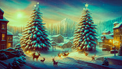 This fantasy-style painting depicts a village suspended on cliffs, with otherworldly landscapes and creatures in the background. Generative AI