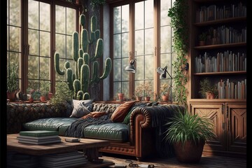 Fototapeta na wymiar Bohemian and rustic interior with books and plants 