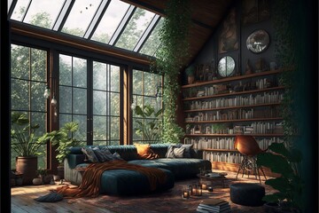 Cozy mini library with panoramic windows and plants 