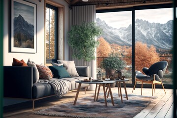 Bohemian living room interior with panoramic glass window 