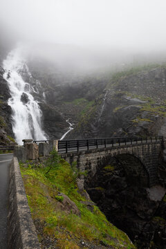 Rough mountain sides around the Trollstigen mountain pass that twists through 11 hairpin bends up the steep mountains of Romsdalen valley, Norway