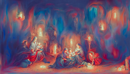 Obraz na płótnie Canvas Abstract Christmas nativity scene of born child baby Jesus Christ in the manger. Generative AI