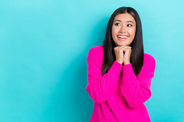 Portrait of cheerful adorable cute lady wear stylish pink clothes look empty space rejoice...