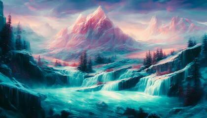A stunning painting of a frozen waterfall in a snowy mountain range. The image captures the icy beauty of winter and conveys a sense of solitude. Generative AI