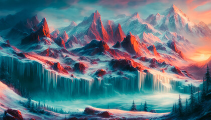 Naklejka na ściany i meble A stunning painting of a frozen waterfall in a snowy mountain range. The image captures the icy beauty of winter and conveys a sense of solitude. Generative AI