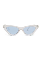 Close-up shot of cat eye sunglasses with blue lenses. Sunglasses with wide temples and a clear frame are isolated on a white background. Front view.
