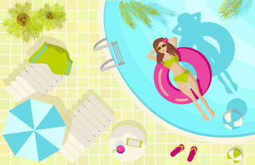 Summer tropical illustration with a girl in a pool rectangular