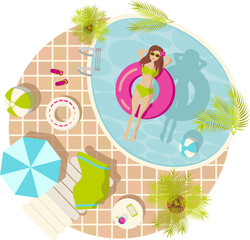 Summer resort circle illustration with a girl in a pool vector