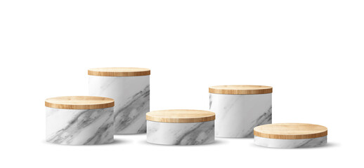 Marble pedestals podium wood top table, Abstract geometric empty stages stone exhibit displays award ceremony product presentation - obrazy, fototapety, plakaty