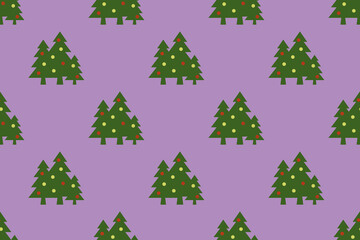 Seamless pattern. Image of green Christmas trees with balls on purple purple background. Symbol of New Year and Christmas. template for overlaying on surface. Horizontal image. 3d image. 3d rendering