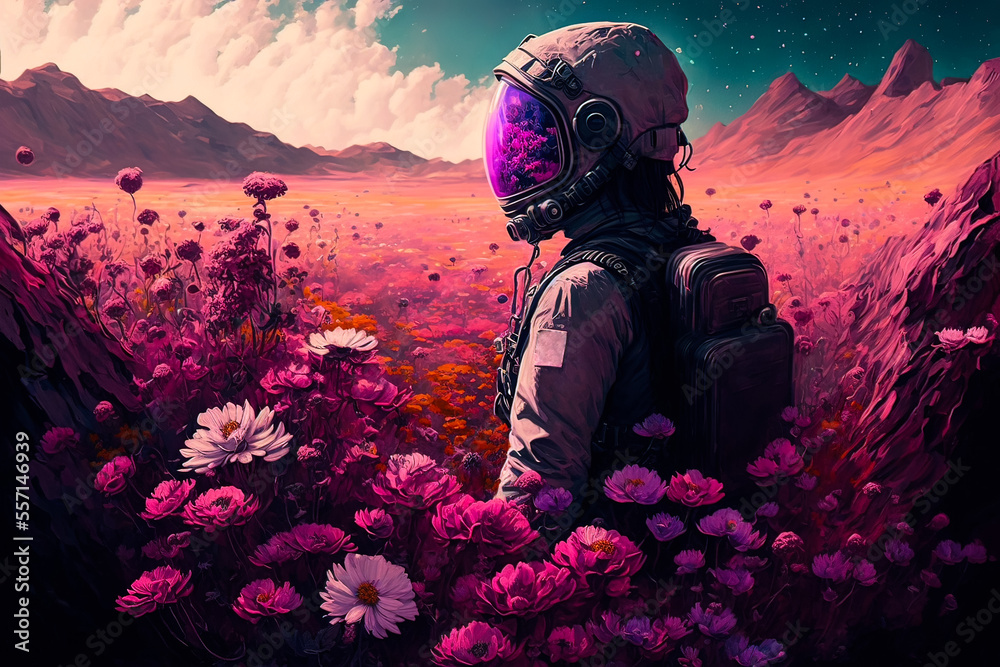 Sticker beautiful astronaut sitting in in a field of flowers on a different planet. generative ai