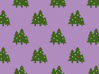 Seamless pattern. Image of green Christmas trees with balls on purple purple background. Symbol of New Year and Christmas. template for overlaying on surface. Horizontal image. 3d image. 3d rendering